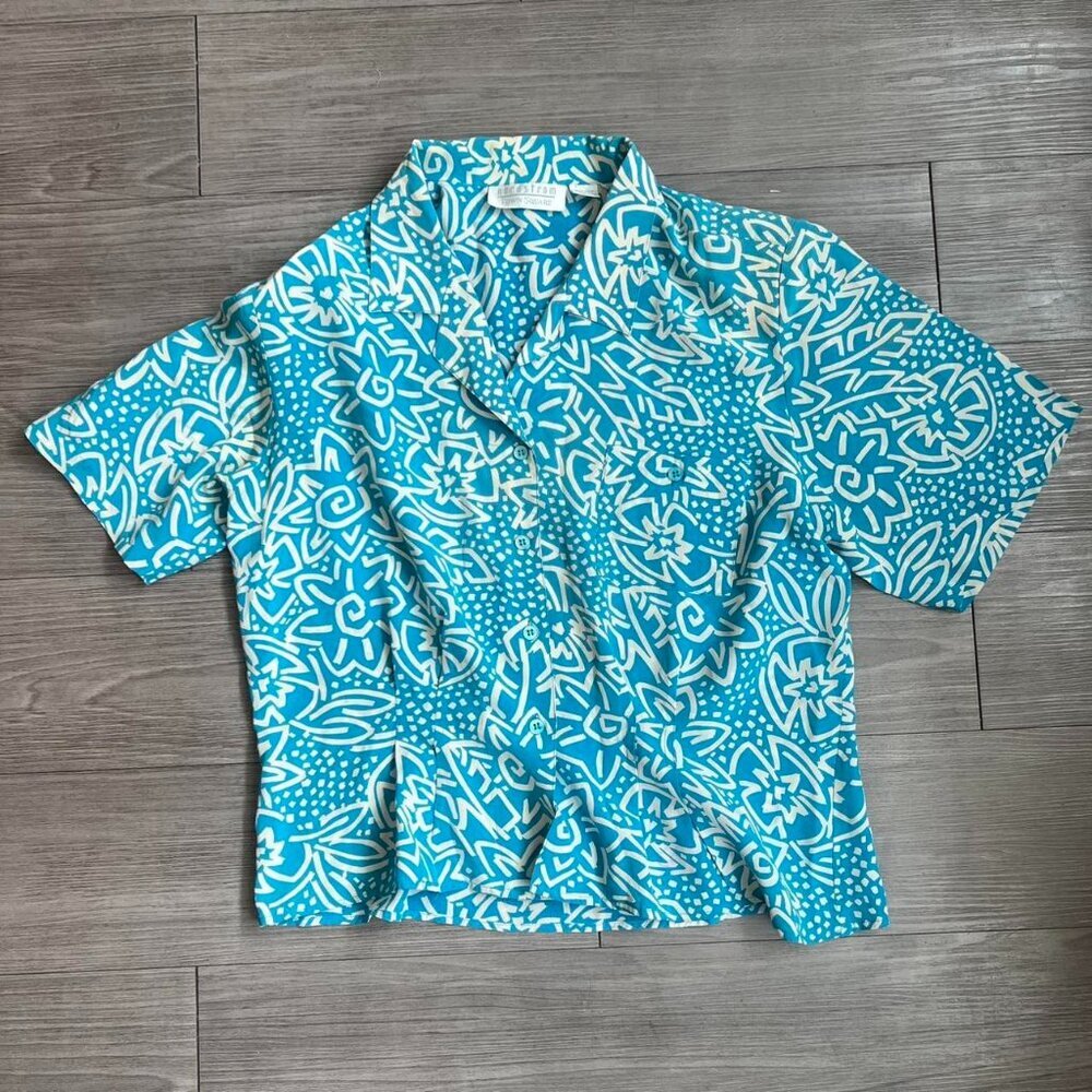 Vintage 80s Nordstrom Silk Abstract Floral Geometric Print Collared Blouse Sz L